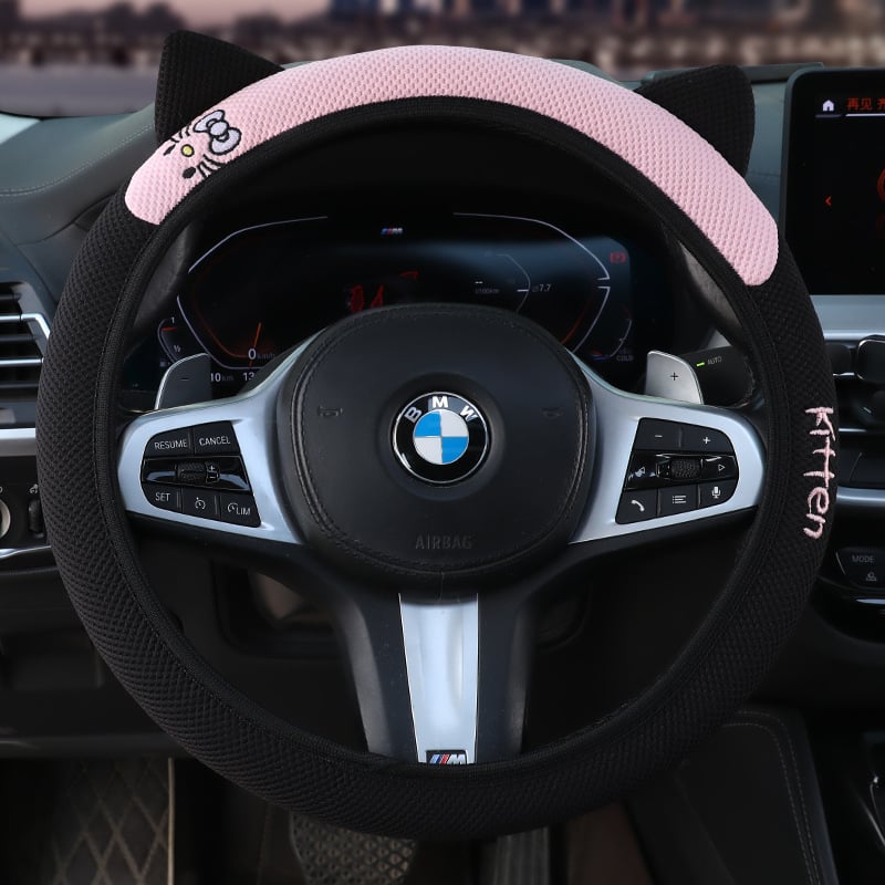 Еластичен калъф за волан с 3D бродерия на котешки уши, универсален за всички сезони, синтетично влакно, мил стил, лесен монтаж