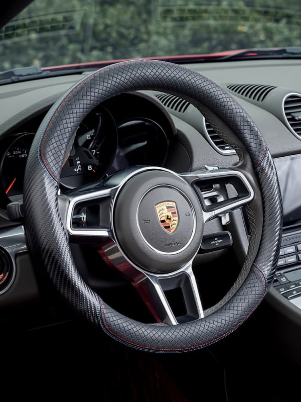 Ултратънък кожено-углероден калъф за волан, D-образен, антихлъзгав, универсален за четири сезона