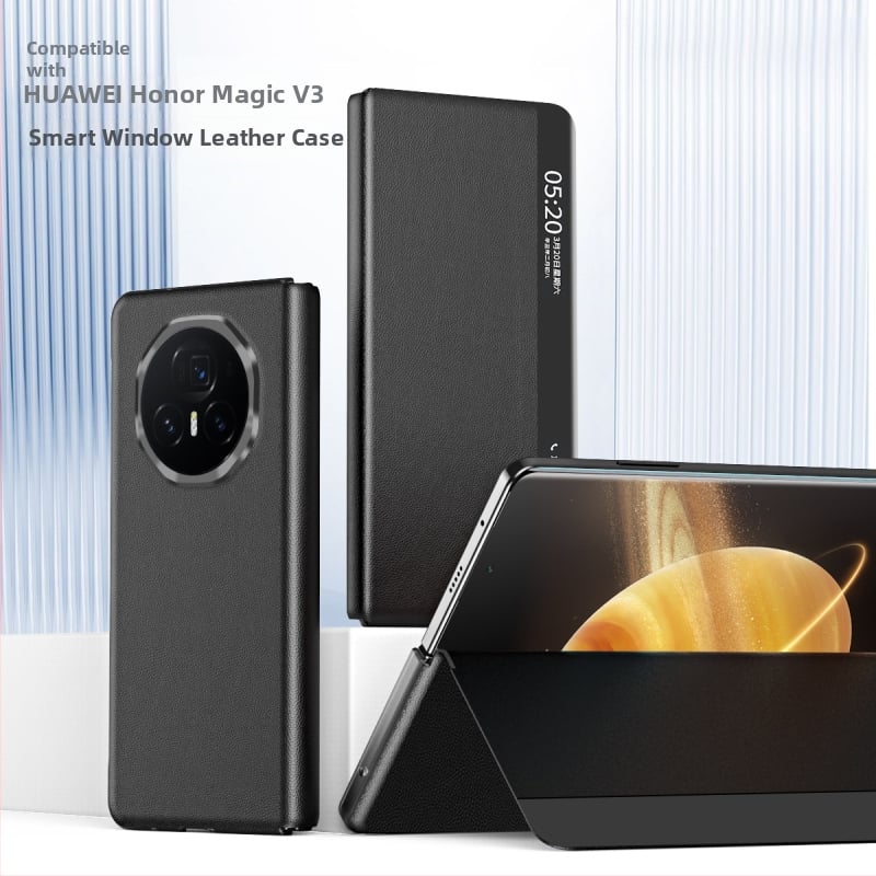 Honor MagicV3 tālruņa korpuss ar gudru logu no mākslīgās ādas, biznesa/holster stils, statīvs, pret kritienu, pret pirkstu nospiedumiem