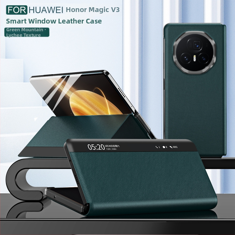 Honor MagicV3 tālruņa korpuss ar gudru logu no mākslīgās ādas, biznesa/holster stils, statīvs, pret kritienu, pret pirkstu nospiedumiem