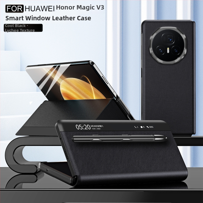 Honor MagicV3 tālruņa korpuss ar gudru logu no mākslīgās ādas, biznesa/holster stils, statīvs, pret kritienu, pret pirkstu nospiedumiem