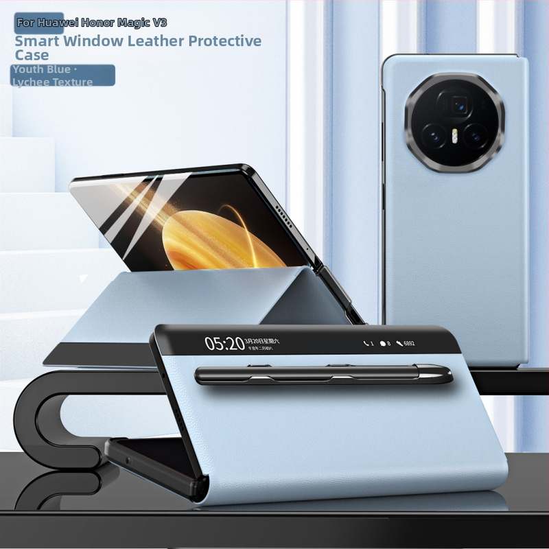 Honor MagicV3 tālruņa korpuss ar gudru logu no mākslīgās ādas, biznesa/holster stils, statīvs, pret kritienu, pret pirkstu nospiedumiem