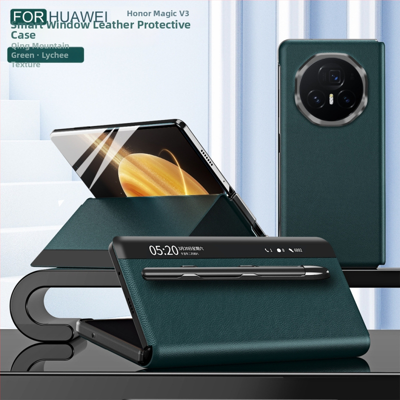 Honor MagicV3 tālruņa korpuss ar gudru logu no mākslīgās ādas, biznesa/holster stils, statīvs, pret kritienu, pret pirkstu nospiedumiem