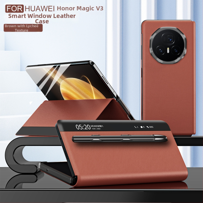 Honor MagicV3 tālruņa korpuss ar gudru logu no mākslīgās ādas, biznesa/holster stils, statīvs, pret kritienu, pret pirkstu nospiedumiem