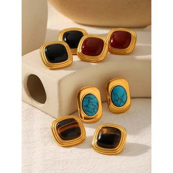 Обици от неръждаема стомана с естествени камъни: тигрово око и туркуза, геометричен дизайн, INS стил