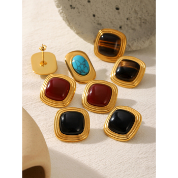 Обици от неръждаема стомана с естествени камъни: тигрово око и туркуза, геометричен дизайн, INS стил