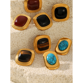 Обици от неръждаема стомана с естествени камъни: тигрово око и туркуза, геометричен дизайн, INS стил