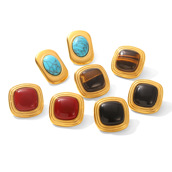 Обици от неръждаема стомана с естествени камъни: тигрово око и туркуза, геометричен дизайн, INS стил