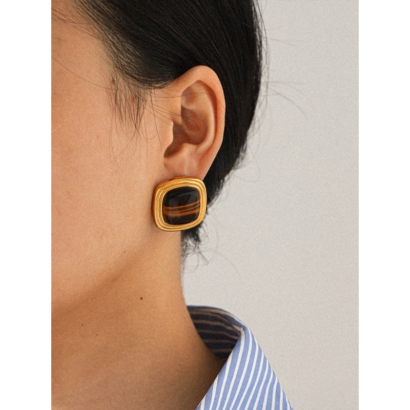 Обици от неръждаема стомана с естествени камъни: тигрово око и туркуза, геометричен дизайн, INS стил