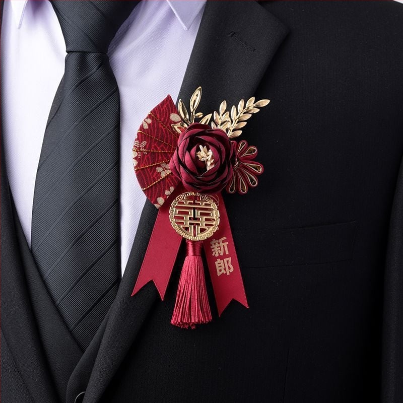 Sada svadobných boutonniérov v čínskom štýle pre nevestu a ženícha, kompletný rodinný set (otec, matka)