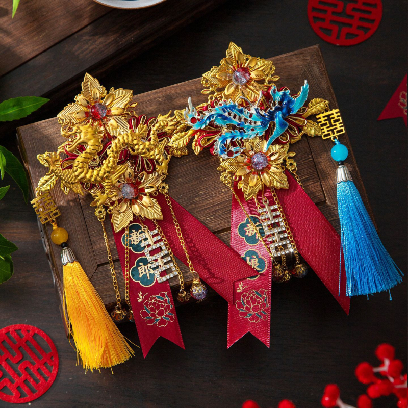 Esküvői corsage készlet család és szülők részére, selyem virágokkal, kínai stílusú menyasszony és vőlegény számára