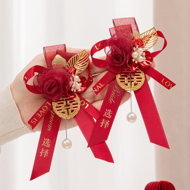 Esküvői corsage készlet család és szülők részére, selyem virágokkal, kínai stílusú menyasszony és vőlegény számára