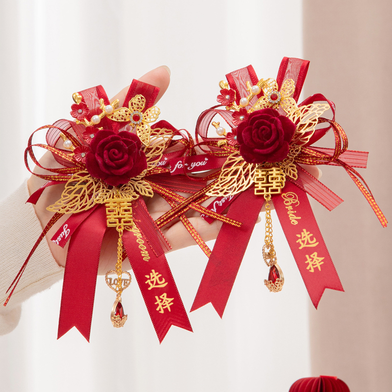 Esküvői corsage készlet család és szülők részére, selyem virágokkal, kínai stílusú menyasszony és vőlegény számára