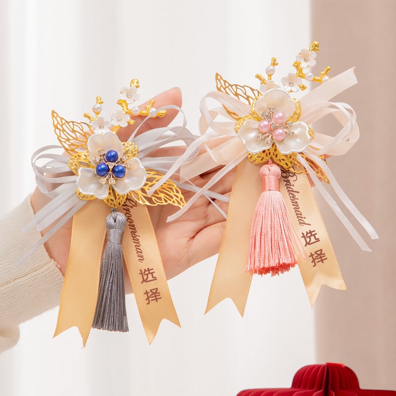 Esküvői corsage készlet család és szülők részére, selyem virágokkal, kínai stílusú menyasszony és vőlegény számára