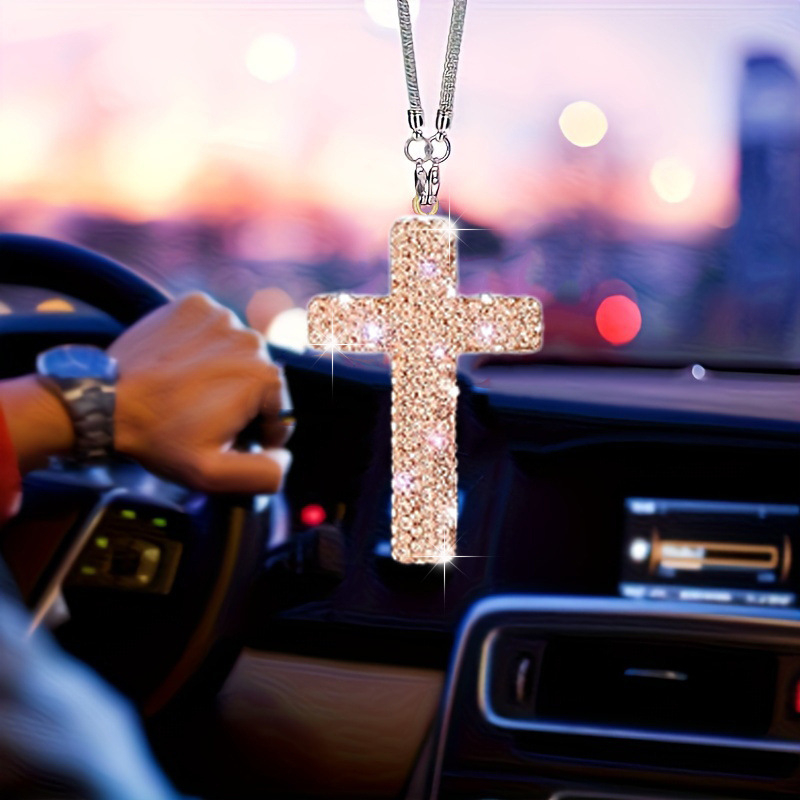 Висулка за интериор на автомобил от неръждаема стомана, прост стил, кръст с диаманти за декорация