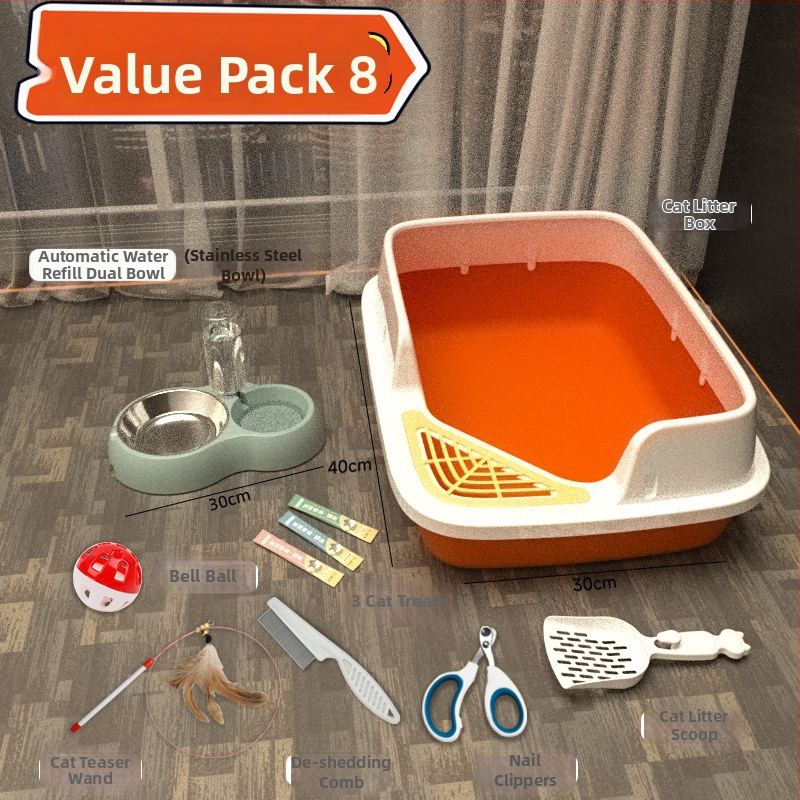 Комплект котешки принадлежности за начинаещи: пълен набор от котешки тоалетни кутии и купи за храна, PVC материал, марка Orange tail, без внос