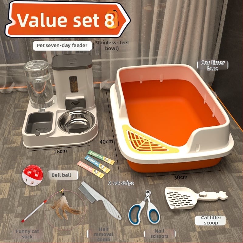Комплект котешки принадлежности за начинаещи: пълен набор от котешки тоалетни кутии и купи за храна, PVC материал, марка Orange tail, без внос