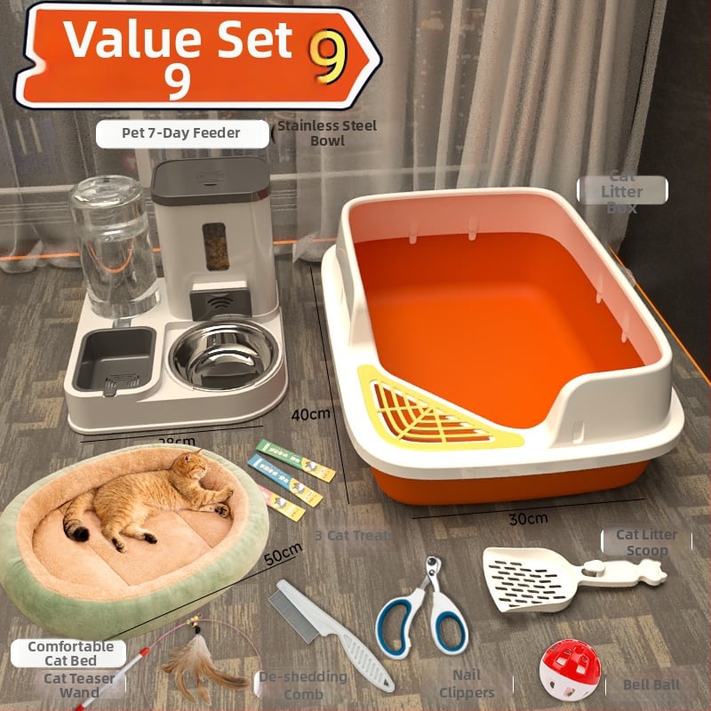 Комплект котешки принадлежности за начинаещи: пълен набор от котешки тоалетни кутии и купи за храна, PVC материал, марка Orange tail, без внос