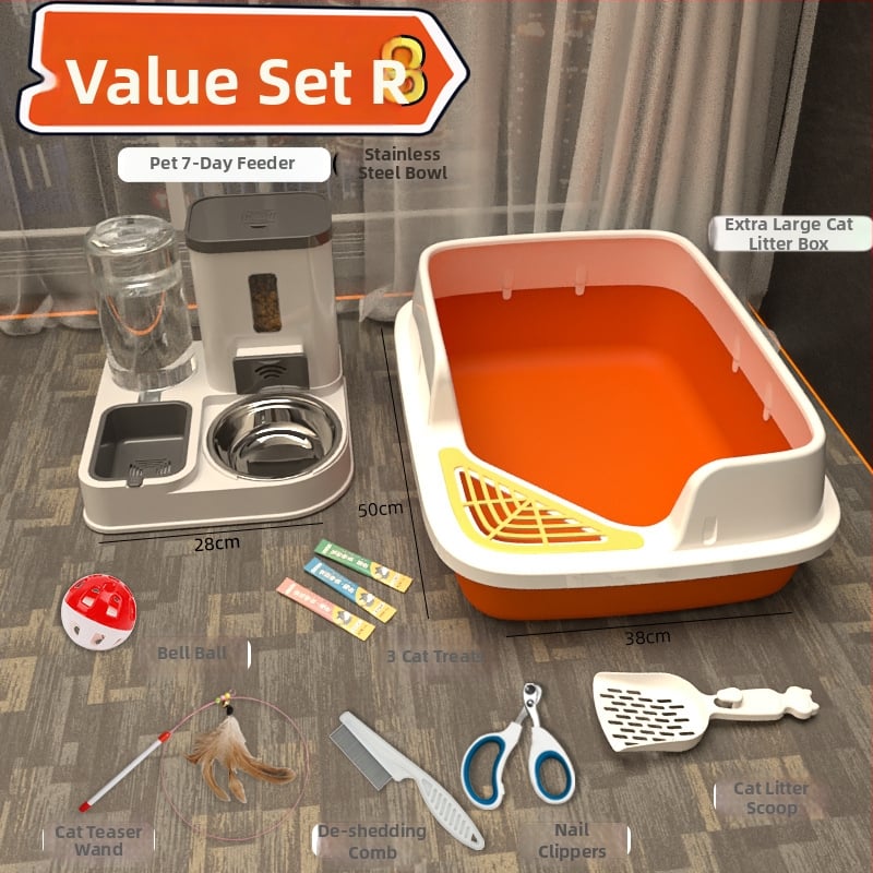 Комплект котешки принадлежности за начинаещи: пълен набор от котешки тоалетни кутии и купи за храна, PVC материал, марка Orange tail, без внос