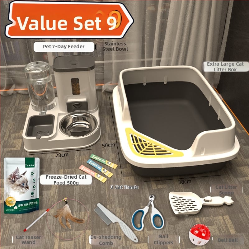 Комплект котешки принадлежности за начинаещи: пълен набор от котешки тоалетни кутии и купи за храна, PVC материал, марка Orange tail, без внос
