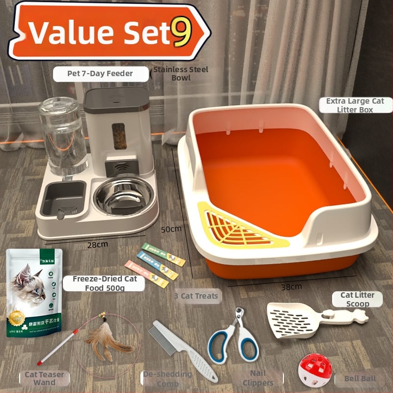 Комплект котешки принадлежности за начинаещи: пълен набор от котешки тоалетни кутии и купи за храна, PVC материал, марка Orange tail, без внос
