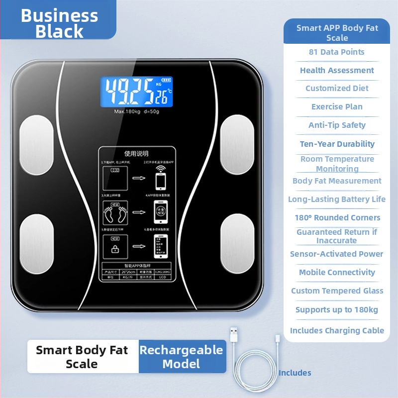 Cântar Bluetooth pentru masă corporală, cu măsurare a greutății, a grăsimii corporale, a caloriilor și a umidității, până la 180 kg, încărcare USB, cântar digital
