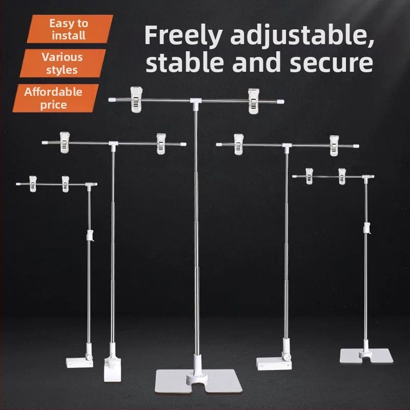 Настолен държач за плакати от неръждаема стомана с телескопично Л-образно рамо и клип за KT дъска за супермаркети