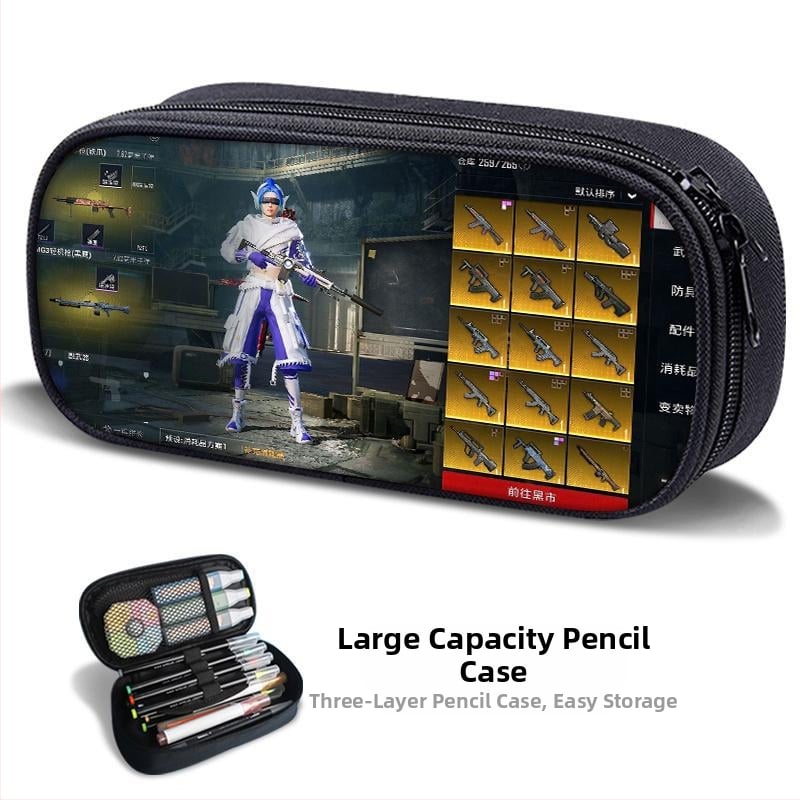 Несесер за моливи – PUBG Peace Elite тема, платнен, ръчно рисуван стил, за момчета и ученици