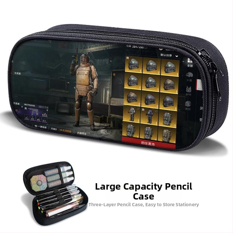 Несесер за моливи – PUBG Peace Elite тема, платнен, ръчно рисуван стил, за момчета и ученици