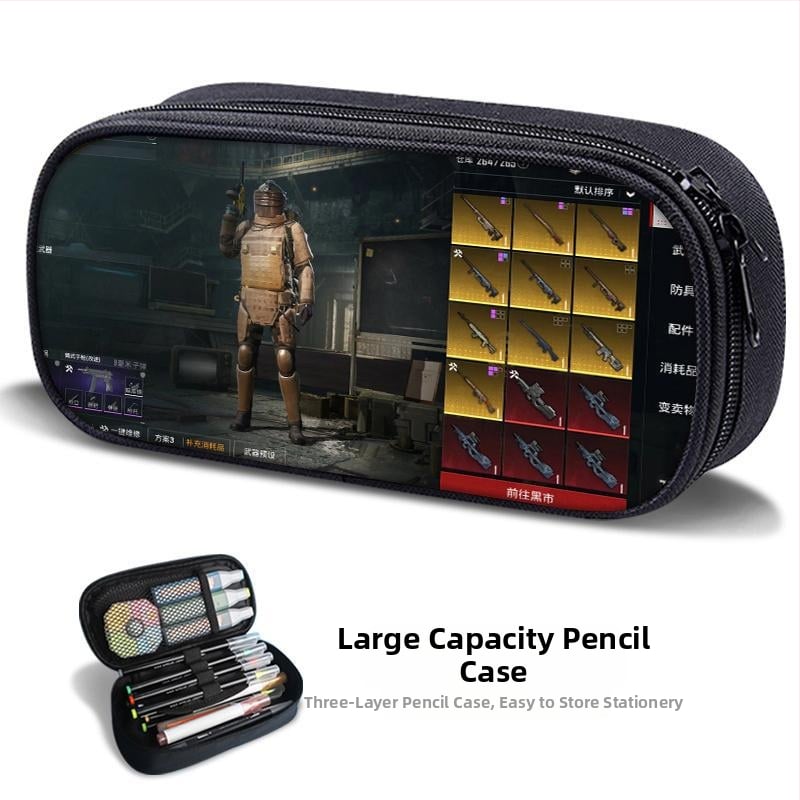 Несесер за моливи – PUBG Peace Elite тема, платнен, ръчно рисуван стил, за момчета и ученици