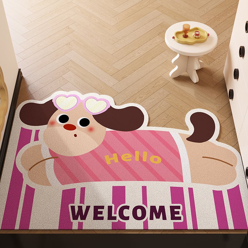 Covoraș de intrare din PVC cu design de câine desen animat, dreptunghiular, lavabil, personalizabil
