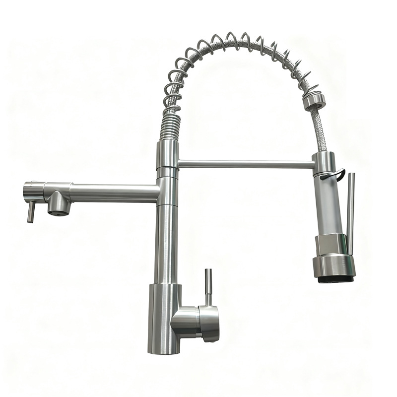 Kuhinjski faucet s toplom i hladnom vodom, američkog stila, rotirajući dvostruki izlaz, zaštita od prskanja, od nehrđajućeg čelika (model THCL-1; promjer ulaza/izlaza 20 mm; promjer sjedala ventila 50 mm; keramički disk ventila; uspravna montaža)