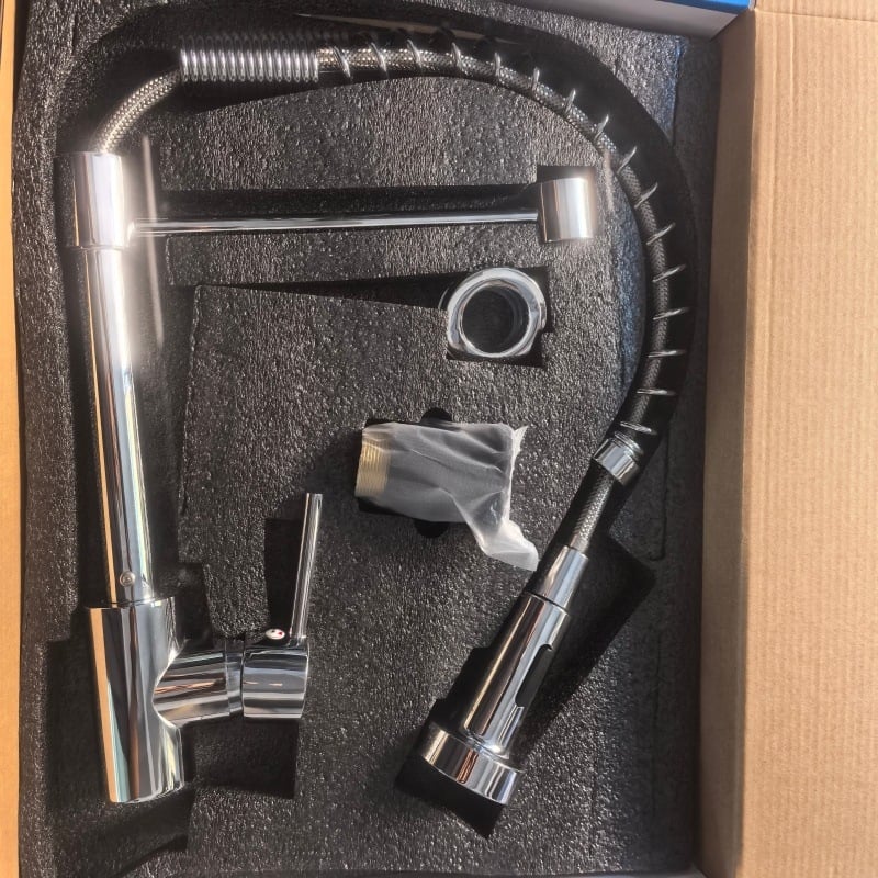 Kuhinjski faucet s toplom i hladnom vodom, američkog stila, rotirajući dvostruki izlaz, zaštita od prskanja, od nehrđajućeg čelika (model THCL-1; promjer ulaza/izlaza 20 mm; promjer sjedala ventila 50 mm; keramički disk ventila; uspravna montaža)