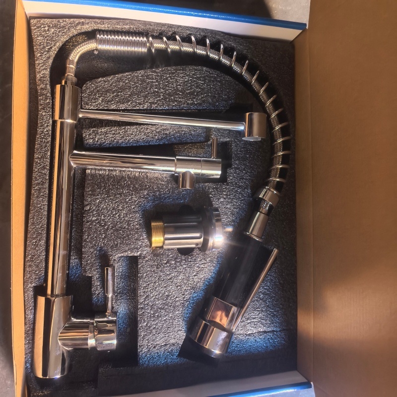 Kuhinjski faucet s toplom i hladnom vodom, američkog stila, rotirajući dvostruki izlaz, zaštita od prskanja, od nehrđajućeg čelika (model THCL-1; promjer ulaza/izlaza 20 mm; promjer sjedala ventila 50 mm; keramički disk ventila; uspravna montaža)