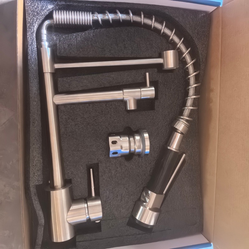 Kuhinjski faucet s toplom i hladnom vodom, američkog stila, rotirajući dvostruki izlaz, zaštita od prskanja, od nehrđajućeg čelika (model THCL-1; promjer ulaza/izlaza 20 mm; promjer sjedala ventila 50 mm; keramički disk ventila; uspravna montaža)