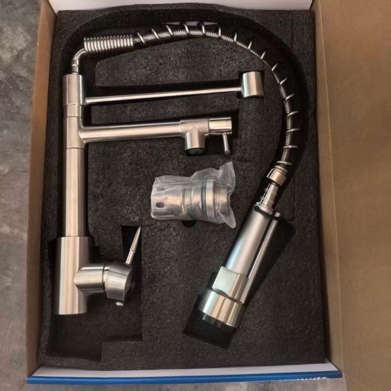 Kuhinjski faucet s toplom i hladnom vodom, američkog stila, rotirajući dvostruki izlaz, zaštita od prskanja, od nehrđajućeg čelika (model THCL-1; promjer ulaza/izlaza 20 mm; promjer sjedala ventila 50 mm; keramički disk ventila; uspravna montaža)