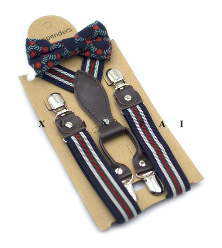 Bretele pentru copii, în dungi, cruce la spate, elastice, reglabile, 4 clipsuri