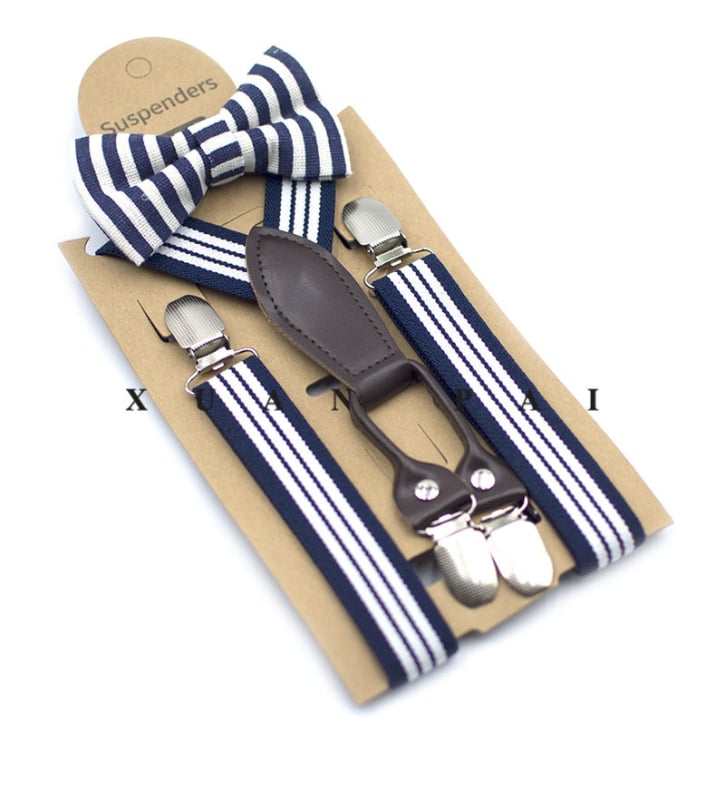 Bretele pentru copii, în dungi, cruce la spate, elastice, reglabile, 4 clipsuri
