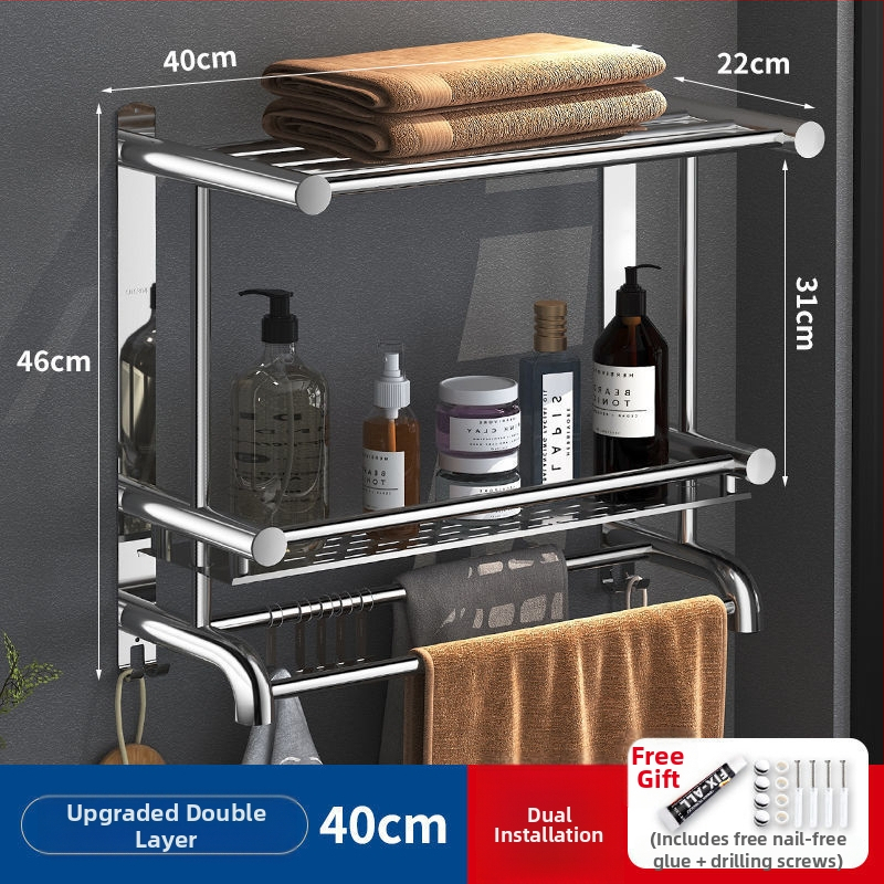 Ράγα πετσετών από ανοξείδωτο χάλυβα 304, χωρίς διάτρηση, 2 επίπεδα, μπάνιο, μέγιστο φορτίο 60 kg