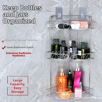 Ανοξείδωτο ράφι τοίχου αποθήκευσης - 2 επίπεδα, τριγωνικός σχεδιασμός, εγκατάσταση без τρύπες, για μπάνιο και κουζίνα