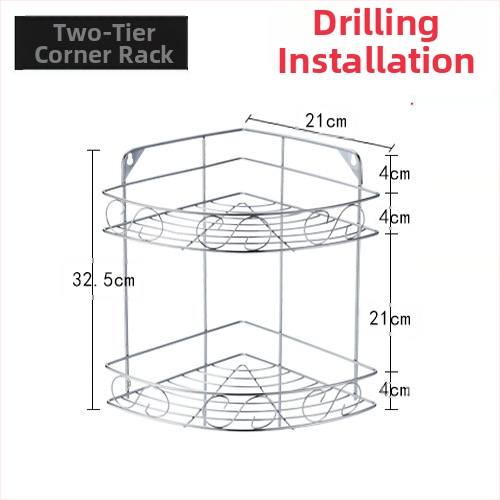 Ανοξείδωτο ράφι τοίχου αποθήκευσης - 2 επίπεδα, τριγωνικός σχεδιασμός, εγκατάσταση без τρύπες, για μπάνιο και κουζίνα