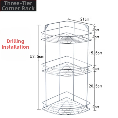 Ανοξείδωτο ράφι τοίχου αποθήκευσης - 2 επίπεδα, τριγωνικός σχεδιασμός, εγκατάσταση без τρύπες, για μπάνιο και κουζίνα