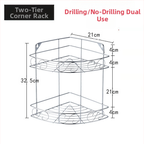 Ανοξείδωτο ράφι τοίχου αποθήκευσης - 2 επίπεδα, τριγωνικός σχεδιασμός, εγκατάσταση без τρύπες, για μπάνιο και κουζίνα