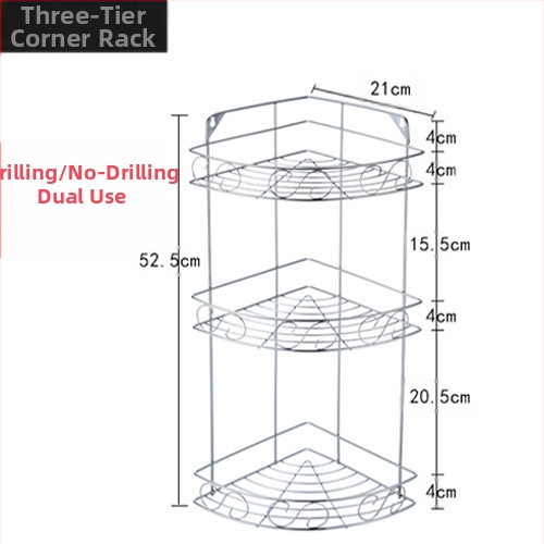Ανοξείδωτο ράφι τοίχου αποθήκευσης - 2 επίπεδα, τριγωνικός σχεδιασμός, εγκατάσταση без τρύπες, για μπάνιο και κουζίνα