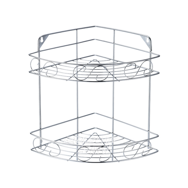 Ανοξείδωτο ράφι τοίχου αποθήκευσης - 2 επίπεδα, τριγωνικός σχεδιασμός, εγκατάσταση без τρύπες, για μπάνιο και κουζίνα