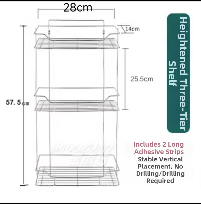 Ανοξείδωτο ράφι τοίχου αποθήκευσης - 2 επίπεδα, τριγωνικός σχεδιασμός, εγκατάσταση без τρύπες, για μπάνιο και κουζίνα