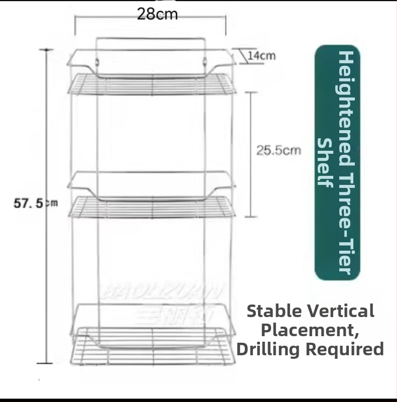 Ανοξείδωτο ράφι τοίχου αποθήκευσης - 2 επίπεδα, τριγωνικός σχεδιασμός, εγκατάσταση без τρύπες, για μπάνιο και κουζίνα