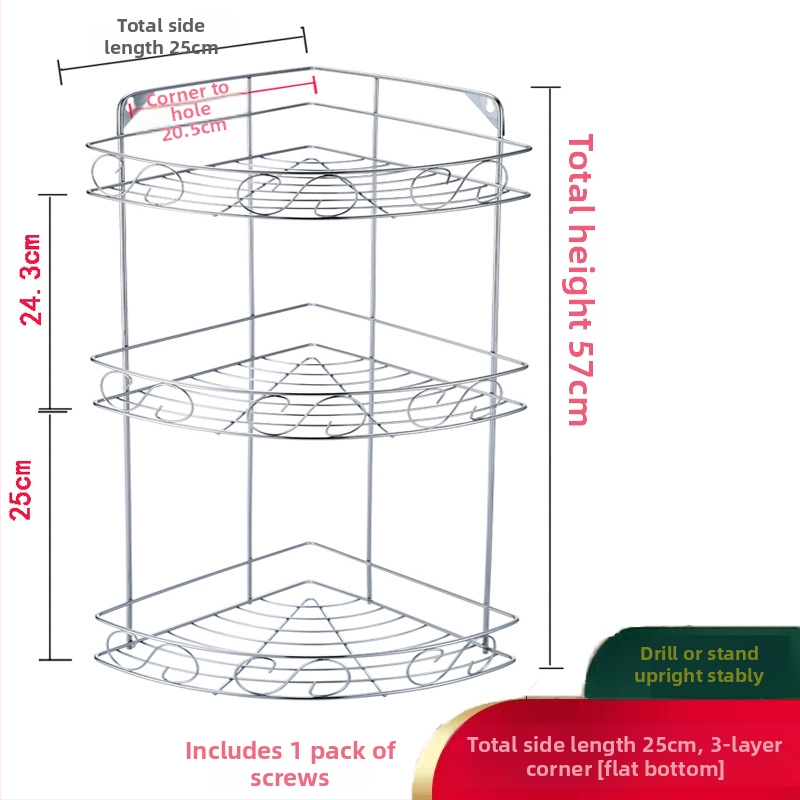 Ανοξείδωτο ράφι τοίχου αποθήκευσης - 2 επίπεδα, τριγωνικός σχεδιασμός, εγκατάσταση без τρύπες, για μπάνιο και κουζίνα
