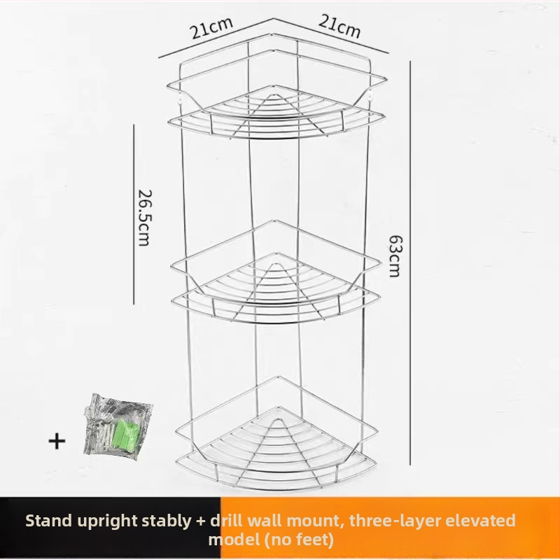 Ανοξείδωτο ράφι τοίχου αποθήκευσης - 2 επίπεδα, τριγωνικός σχεδιασμός, εγκατάσταση без τρύπες, για μπάνιο και κουζίνα