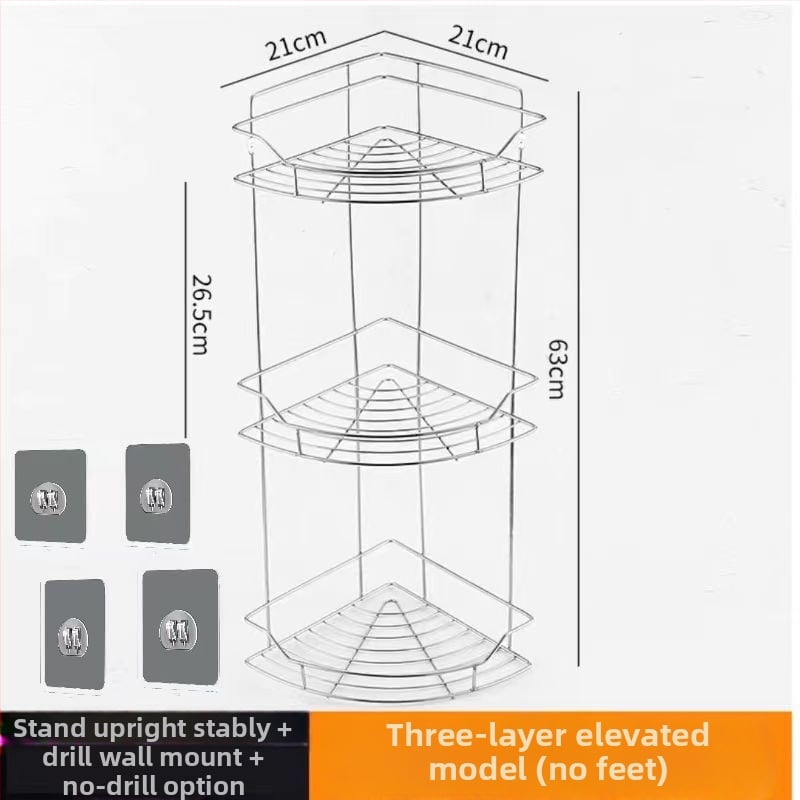 Ανοξείδωτο ράφι τοίχου αποθήκευσης - 2 επίπεδα, τριγωνικός σχεδιασμός, εγκατάσταση без τρύπες, για μπάνιο και κουζίνα